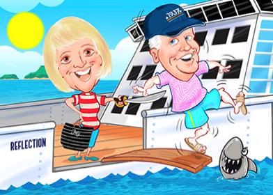 Peronalised cartoon of couple on a cruise by Jim Barker cartoon illustration